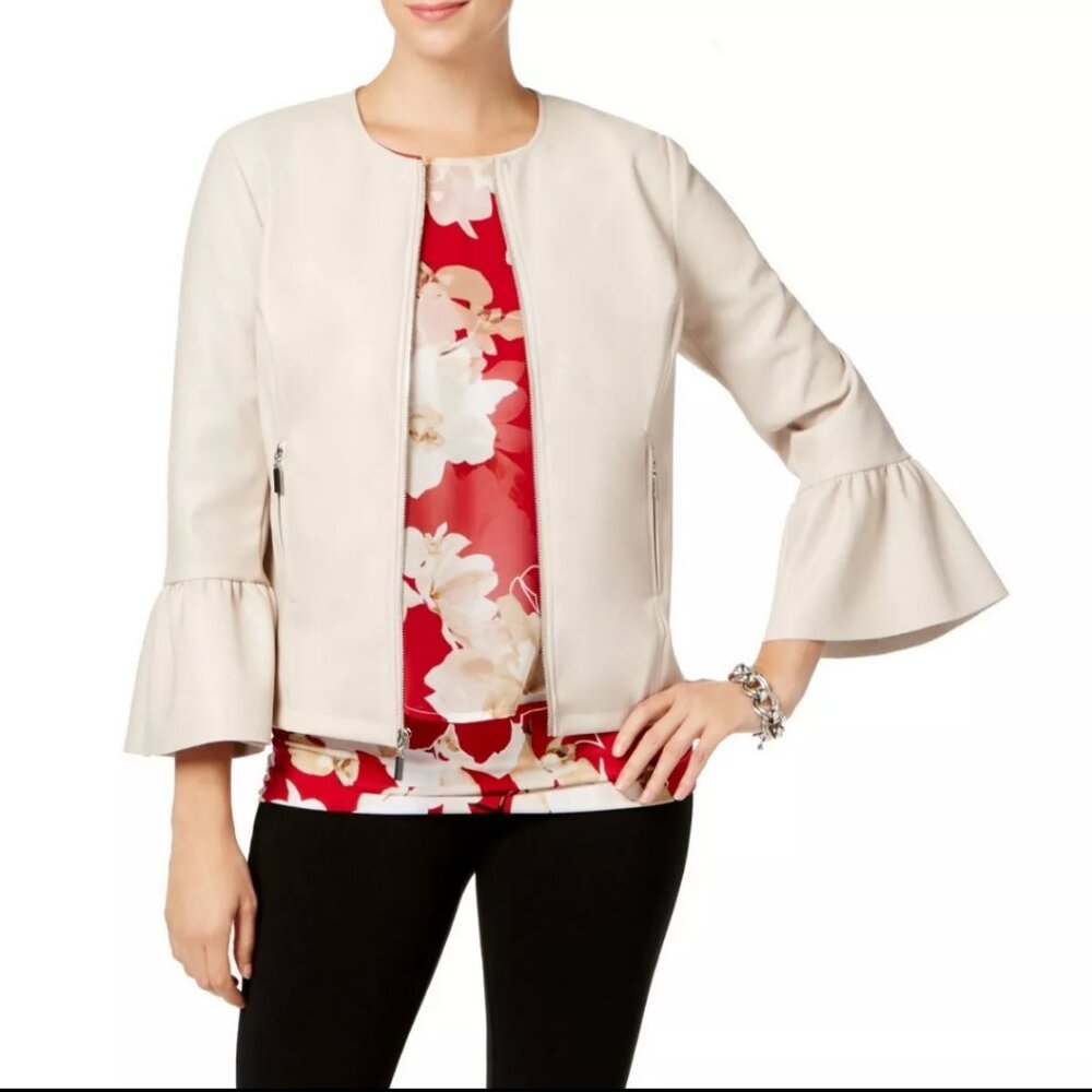 Red Faux Leather Pleather Jacket Collarless Ruffle Sleeve Alfani Petite Medium - Picture 10 of 10
